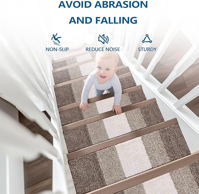 OLANLY Stair Treads Non Slip 15PCS, 8" x 30" Indoor Stair Runners for Wooden Steps, Edging Stair Rugs with Reusable Peel and Stick Adhesive for Kids Elders and Pets, Light Brown