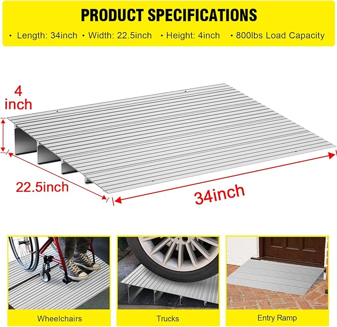Door Threshold Ramp 4" Rise Door Ramp Aluminum Entry Ramp or Doorways Rated 800 lbs Load Capacity forWheelchair Scooters Power Chairs Walkers
