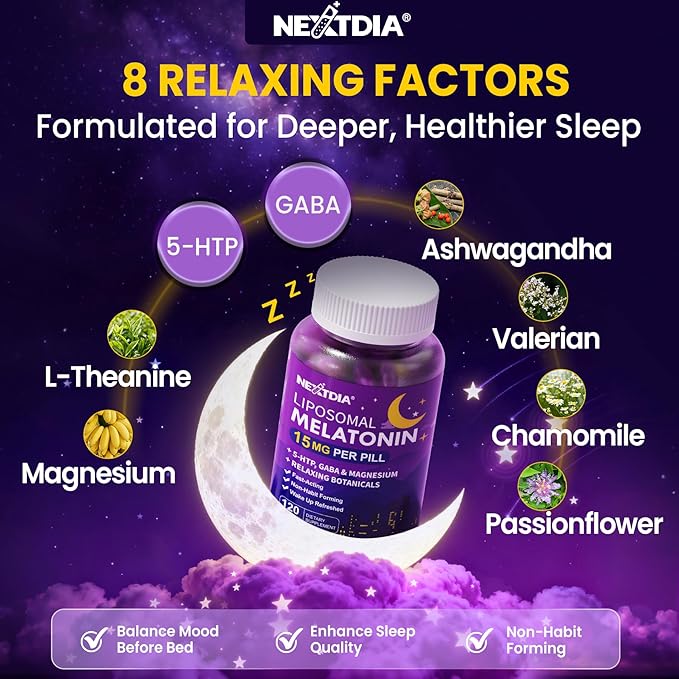 Liposomal Melatonin Sleep Supplement 15mg 30mg Time Release Melatonin Pills, Herbal Calm Sleep Aids for Adults w/ Magnesium Bisglycinate, Ashwagandha, L-Theanine, Valerian, GABA, 5-HTP Softgels 120ct