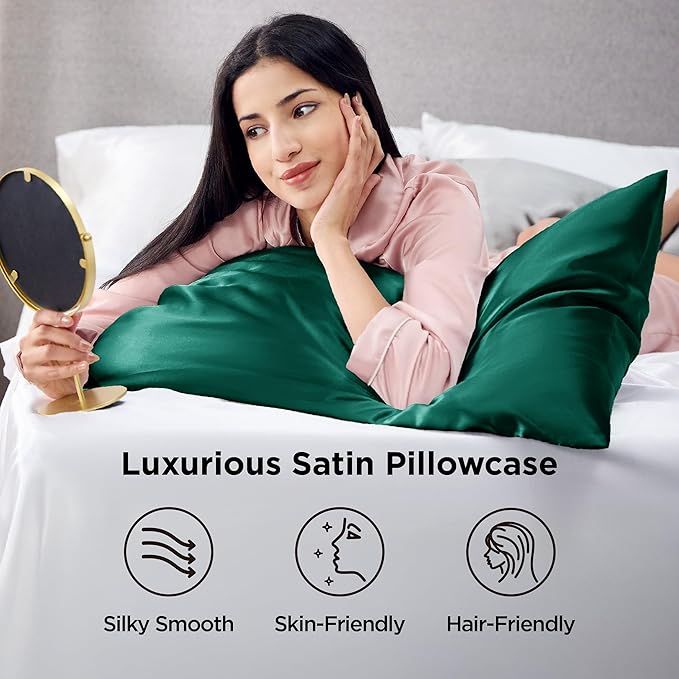 Bedsure Satin Pillowcase 2 Pack Similar to Silk Pillow Cases Standard Size, Pillow Case with Envelope Closure,Green Home Decor Gifts for Women Men, Dark Green, 20x26 Inches, 2pcs
