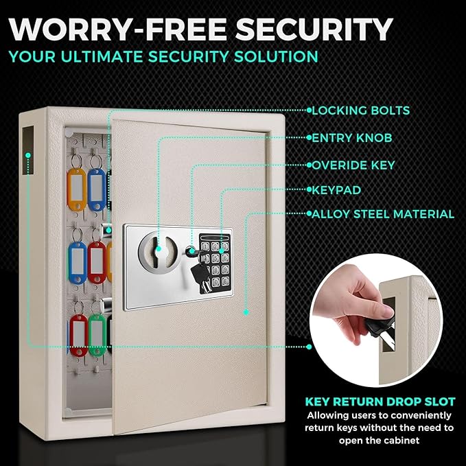 Flexzion Key Box Wall Mount With Code, Key Cabinet, Key Deposit Slot, 40 Key Holder Organizer Locker Case, Colored Key Tags Wall Mounted Lock Box For Keys Storage (Gray)