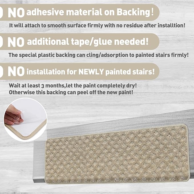 PURE ERA Bullnose Carpet Stair Treads Tape Free Non-Slip Indoor Stair Protectors Pet Friendly Stair Treads for Wooden Steps 9.5" x 30"(7 Pieces,Cream Gray Mini-Diamond Trellis)