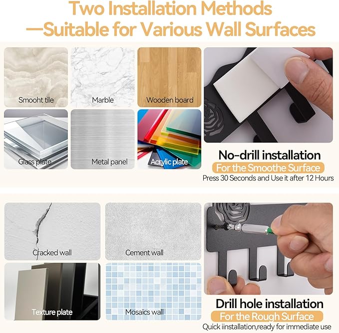 Key Holder Wall Mount with 8 Key Hooks for Wall, Adhesive or Drill Wall Key Holder, Modern Key Organizer Wall Mount Key Rack for Entryway, Kitchen, Hallway, RV Decor（Large）