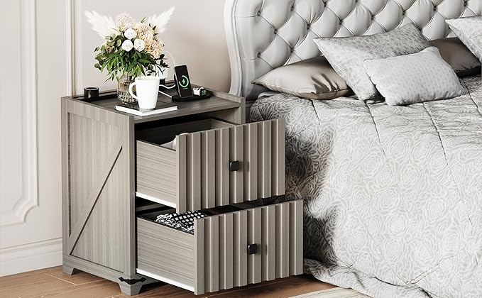 Night Stand Set 2 with Slidable Charging Station,Bedside Table with 2 Drawers,Farmhouse End Table and Nightstand,Small Side Table for Bedroom（Newly Upgraded 2 PCS）