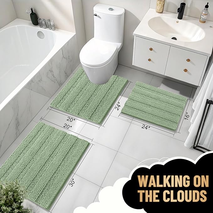 OLANLY Thick Bathroom Rugs 70x24, Extra Soft Absorbent Chenille Striped Bath Rugs, Rubber Backing, Machine Wash Dry, Bath Mats for Bathroom Floor, Tub and Shower, Home Decor Accessories, Sage Green