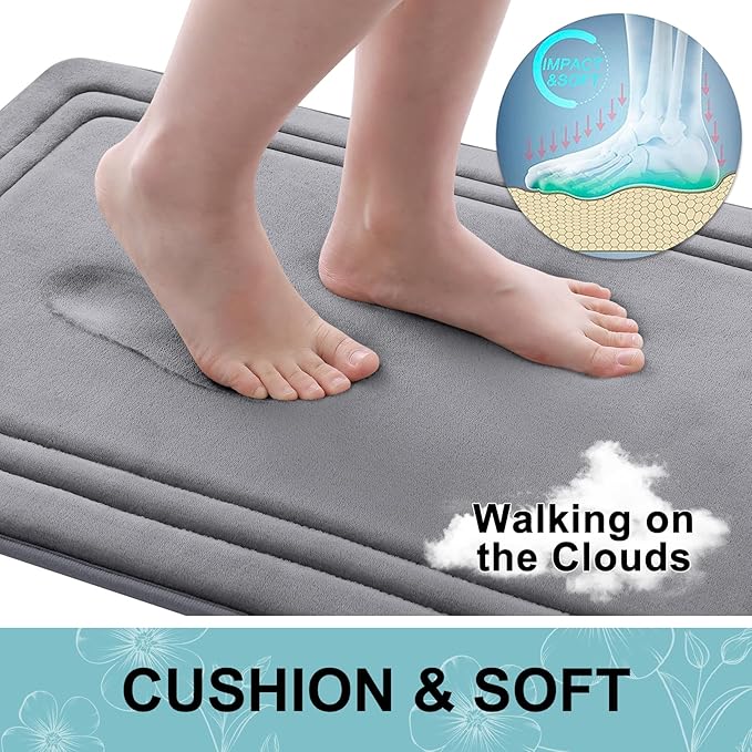 Grandaily Memory Foam Bath Mat Rug 24x16, Ultra Soft, Non-Slip and Absorbent Bathroom Rugs, Machine Wash Dry, Comfortable Bath Carpet for Bathroom Floor, Tub and Shower, Medium Grey