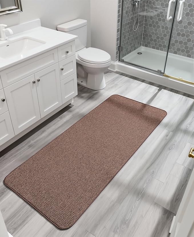 Bath Mat,Ultra Thin Bathroom Runner Rugs,Large Bath Mats for Bathroom,Quick Dry,Non-Slip,Machine Washable,Low Pile,Bath Rug,Shower Outside,Sink,Home Decor Accessories.Brown,2'x5'（24x60inch）