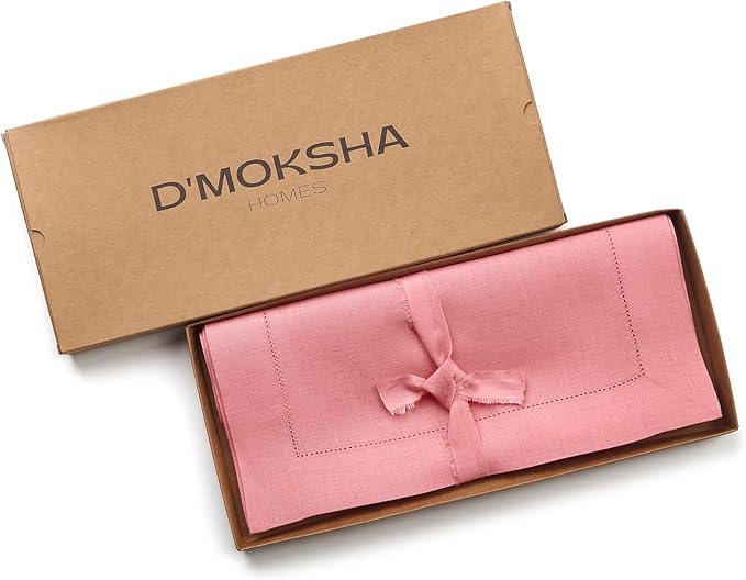 D'Moksha Homes Linen Dusty Pink Table Runner 48 Inches - Classic Hemstitch, 100% Pure Linen Coffee Table Runner 14 x 48 Inch Ideal for Dresser Tables, Valentines, Spring, Easter
