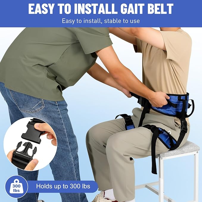 Rhino Valley Gait Belt with Leg Straps, Transfer Belts with 7 Handles, Gate Belts Medical for Elderly, Lifting Belt for Bariatric, Handicap, Physical Therapy Equipment, Blue & Black