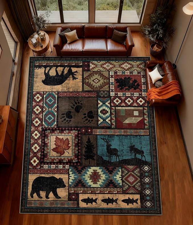 YIHOUSE Rustic Cabin Rugs for Living Room 9x12, Wildlife Bear & Deer Area Rug, Washable Southwestern Lodge Large Area Rug