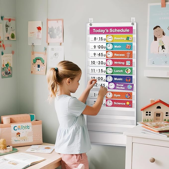 Eamay Daily Schedule Pocket Charts, Teaching Scheduling Pocket Chart, Hoom, Eamay Daily Scheduling Pocket Chart, Pocket Chart with 13+1 Pockets, 18pcs Dry Erase Cards and 2 Hooks (White)