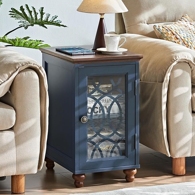 Narrow Side Table Set of 2 with Glass Door, 18 x 14'' Night Stand with Adjustable Shelf Storage Cabinet Organizer, Bedside End Tables Wood Nightstand for Small Spaces Living Room Bedroom