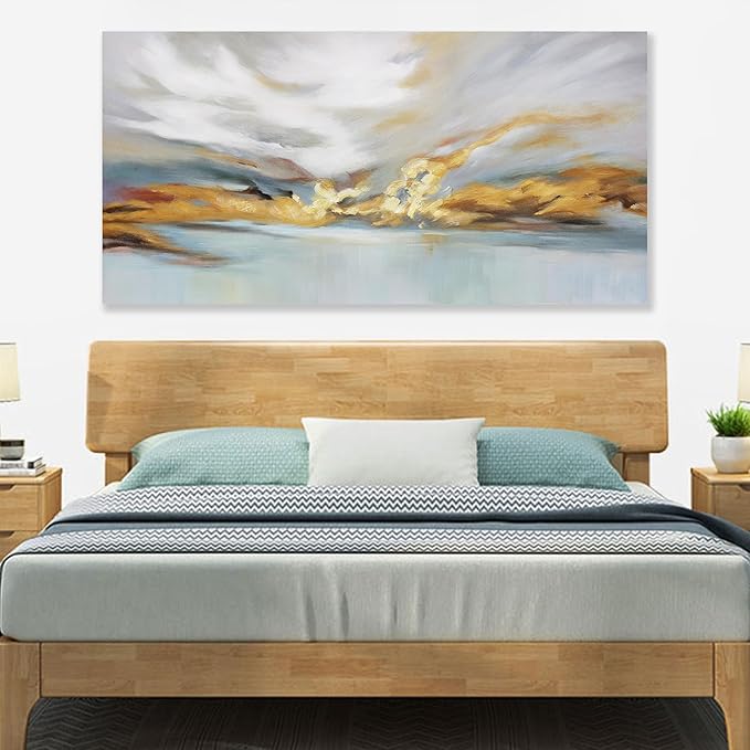 Glvzygy Modern Abstract Wall Art Wall Decorations Greyish White Gold and Blue Abstract Wall Art Canvas Abstract Wall Art for Living Room Bedroom Dining Room Home Office Decor 29"x58"