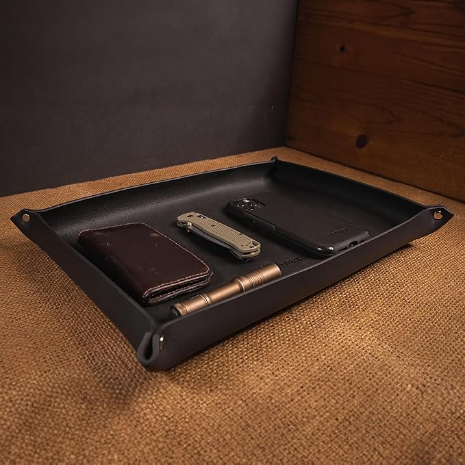 Valet Tray – Full-Grain Leather Catchall Organizer for Keys, Phone & Wallet – Rustic Nightstand & Desk Tray with Raised Sides – Handmade in USA (Black, Large Rectangle)