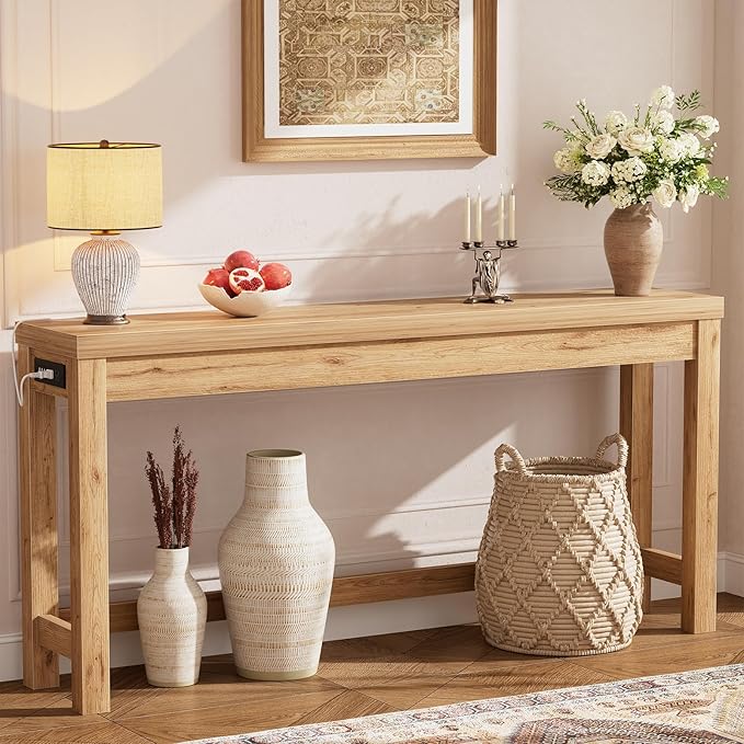 Cyclysio 63" Console Tables for Entryway, Long Console Tables for Living Room, Behind Couch Table, Sturdy Wood Support Farmhouse Entryway Table with 3AC+2USB Charging‌ Station, Natural Oak