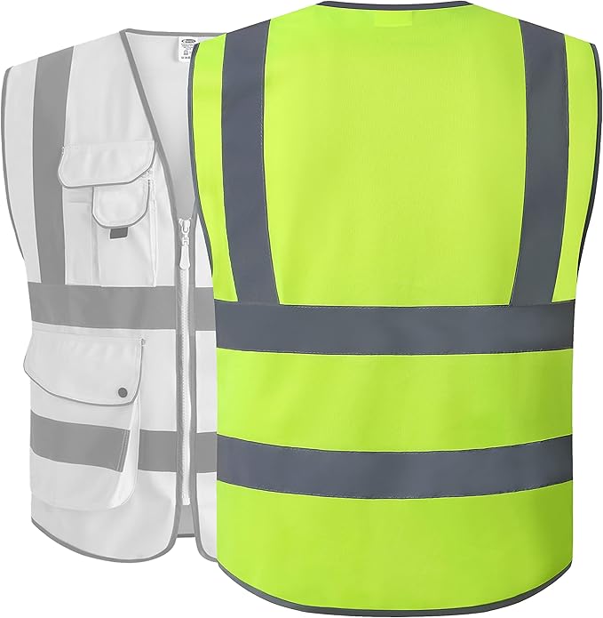 JKSafety 9 Pockets Class 2 High Visibility Zipper Front 6 Pack Safety Vest With Reflective Strips,Meets ANSI/ISEA Standard （155 Yellow M