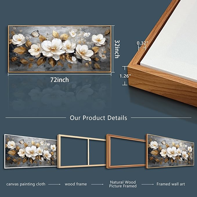FUHAIHUA Wood Framed Canvas Wall Art For Living Room Large Wall Decor For Office Bedroom Decoration White Flower Pictures Farmhouse Painting Artwork Room Wall Mural Aesthetic Home Decor 32x72