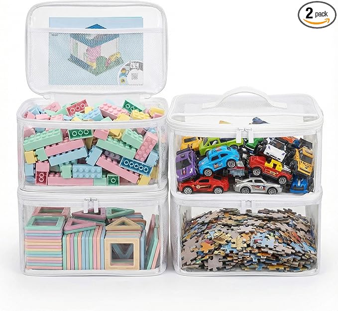 HOLAY Clear Toy Storage Bags with Handle, 4 Pack Playroom Storage Organizer Bins Kids Toys, Board Games, Busy Bags, and Homeschool Supplies –Transparent PVC with Reinforced Base(White, Small)