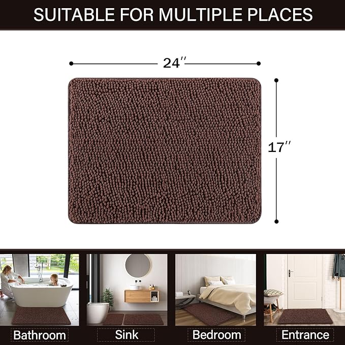 LOCHAS Luxury Bathroom Rug Shaggy Bath Mat 24 x 17 Inch, Washable Non Slip Bath Rugs for Bathroom Shower, Soft Plush Chenille Absorbent Carpets Mats, Brown