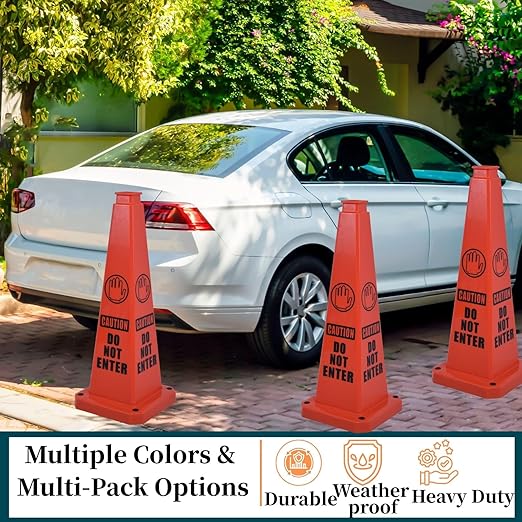BESEA Caution Cone 5 Pack, 28" Caution Cone with Weighted Base, Red 4-Sided “Cantion Do NOT Enter ” Warning Cone for Creation Area Driveways, Business Parking Lots, Garages, Indoor/Outdoor