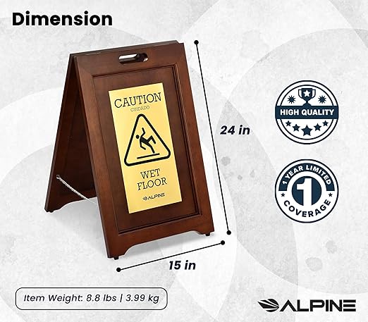 Wooden Caution Wet Floor Sign Slippery A-Frame with Bold Bilingual Safety Message, High-Grade Wood Finish, Brass-Plated for Restaurants, Offices, Hospitality & Retail Centers By Alpine Industries