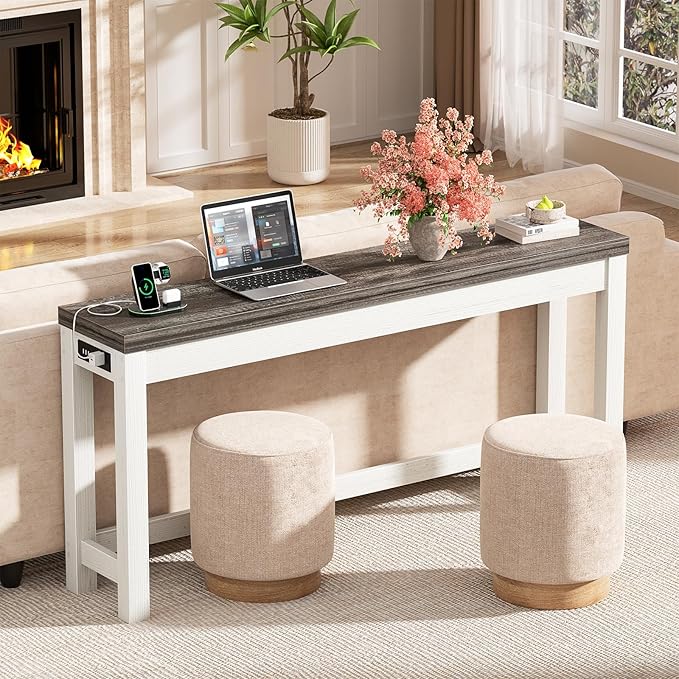 Cyclysio 63" Console Tables for Entryway, Long Console Tables for Living Room, Behind Couch Table, Sturdy Wood Support Farmhouse Entryway Table with 3AC+2USB Charging‌ Station, Oak Grey