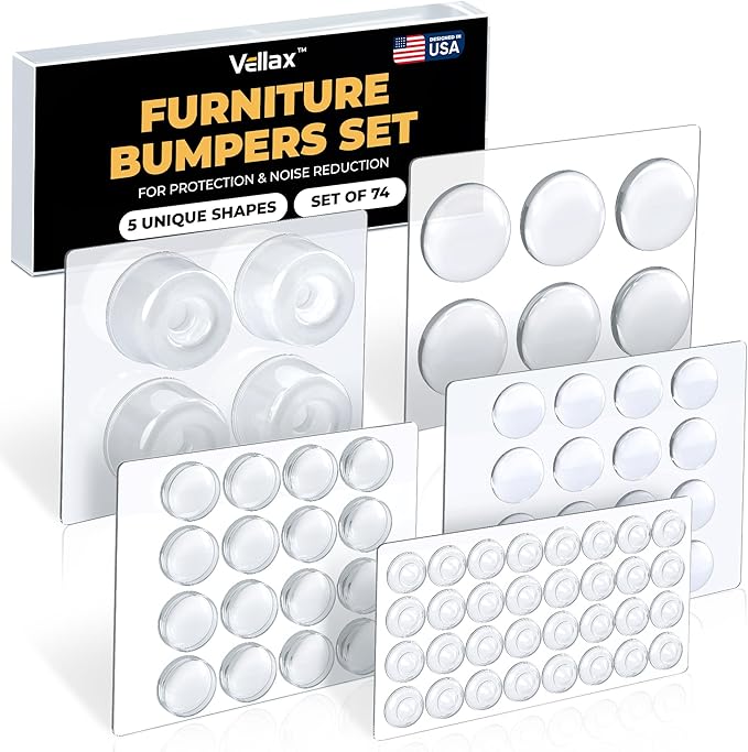 74 Clear Silicone Bumpers & Wall Protectors – 5‑Shape Self‑Adhesive Pads for Cabinets, Doors, Drawers & Furniture – Noise Dampening & Surface Protection by Vellax