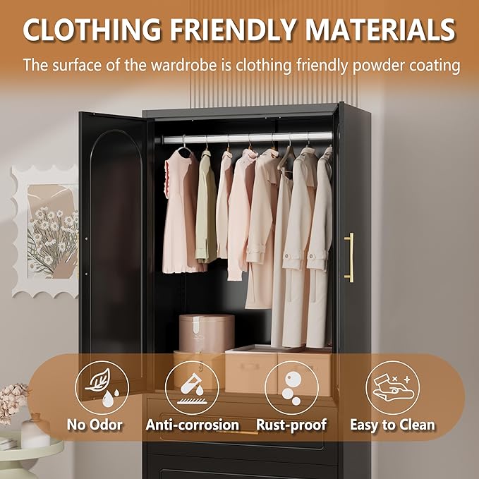 71" Tall Metal Armoire Wardrobe Closet witih Three Drawers, Large Wardrobe Cabinet with Hanging Rod, Clothing Storage Cabinet with Doors and Shelves for Bedroom, Black, Assemble Required