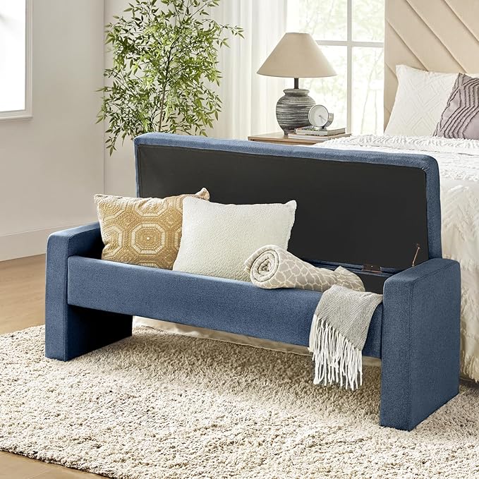 55" Modern Upholstered Storage Bench with Tufted Seat, Fabric Ottoman Bench for Bedroom, Entryway, or Living Room, Soft Close Hinge,Navy