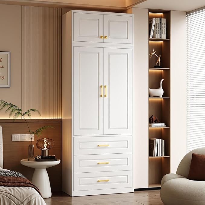 Metal Wardrobe Armoire with Three Drawers, 86“ Tall Wardrobe Closet with Hanging Rod, Freestanding Storage Closet with Doors and Shelves for Bedroom, White, Assemble Required