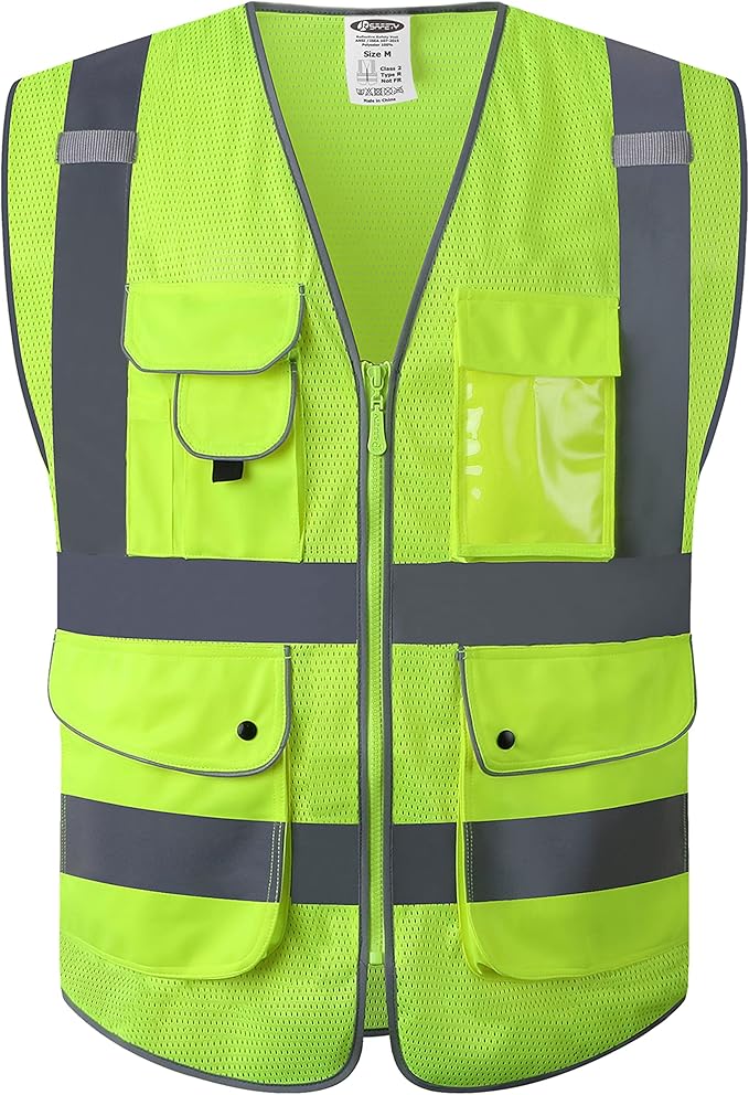 JKSafety 9 Pockets High Visibility Safety Vest for Men and Women, Hi-Vis Reflective Yellow Safety Vests with Zipper Front, Meet ANSI/ISEA Class 2 Type R(159-Yellow XXL)