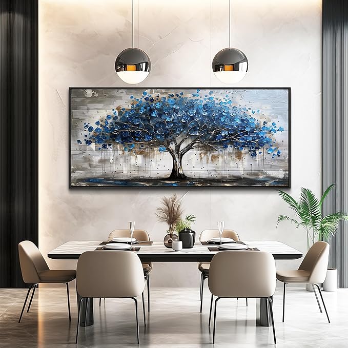 Lapremoly Framed Wall Art For Living Room Tree of Life Canvas Prints Extra Large Wall Decorations Blue Artwork For Walls Forest Pictures Abstract Paintings for Bedroom Office Modern Home Decor 32X72