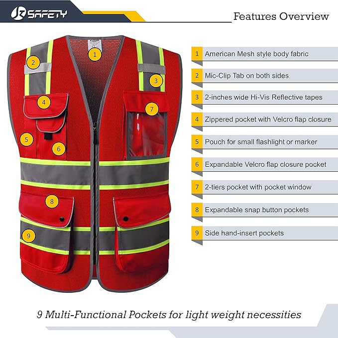 JKSafety 9 Pockets Hi-Vis Neon Red Zipper Front MESH Safety Vest with Fluorescent Yellow Extend Edge outlining the Reflective Tapes Meet ANSI/ISEA Class 2 Standard (100-Red, 3X-Large)