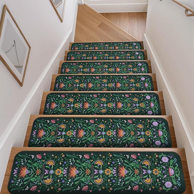 OJIA Floral Stair Treads Non Slip Stair Runners for Wooden Steps Indoor, 15PCS 8"x30" Rubber Backing Carpet Treads for Wood Stairs Staircase Step Treads for Kids & Dogs, Stair Covers, Green