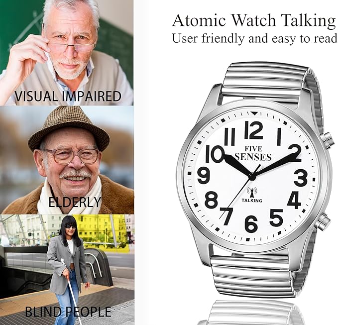 FIVE SENSES English Atomic Jumbo Size (43mm /1.75in) Metal Talking Watch with Loud Alarm Clock for Visually impaired, Elderly Person 1523 (White)