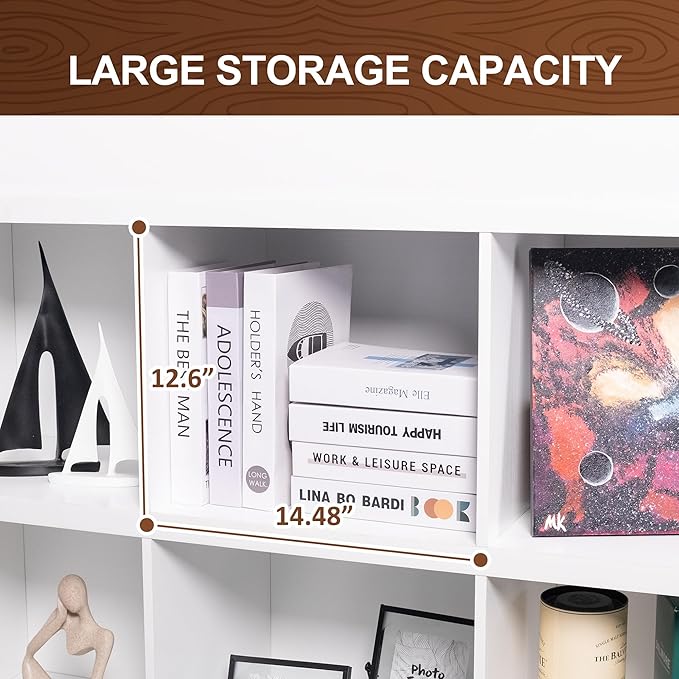8 Cube Storage Organizer Bookshelf, Industrial Horizontal Bookcase, Accent Cubby Shelf, Media Console Table for Living Room, Home Office, 13.6" D x 63" W x 30.9" H, White