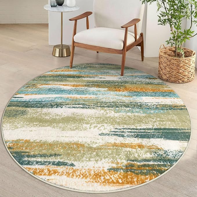 Modern Abstract Round Rug 5Ft, Green Mustard Multi Small Washable Non-Slip Circle Rug, Soft Circular Dining Room Rug Thin Print Faux Wool Carpet for Bedroom Living Room Office Playroom