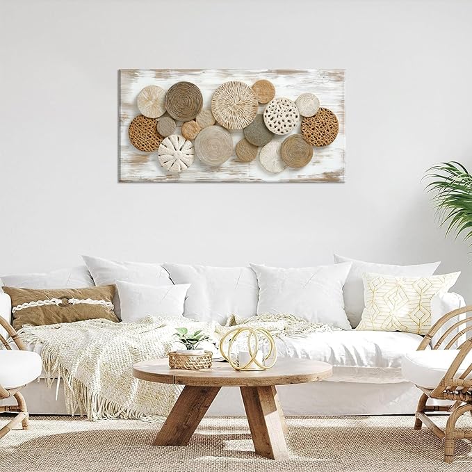 Brown Rattan Plates Canvas Wall Art for Living Room Painting Prints Beautiful Geometric Radial Geometry White Modern Artwork Office Bedroom Girls Decor Large