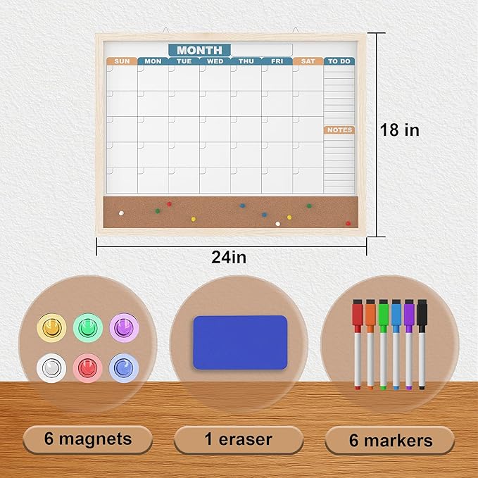 Monthly Calendar Dry Erase Board 24x18 Inch, Double-Sided Whiteboard and Corkboard Combo with White MDF Frame (Color Calendar), Wall Mounted Planner with Marker, Magnet, Push Pin, Eraser