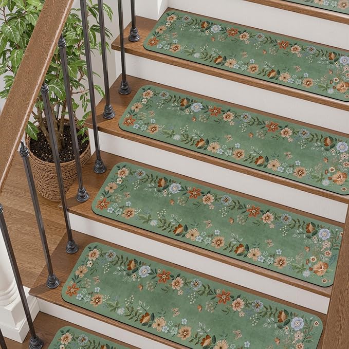 OJIA Floral Stair Treads Non-Slip Stair Runners for Wooden Steps Indoor 15PCS 30"x8" Stair Mats Staircase Step Treads for Kids, Elders and Dogs, Stair Covers, Green