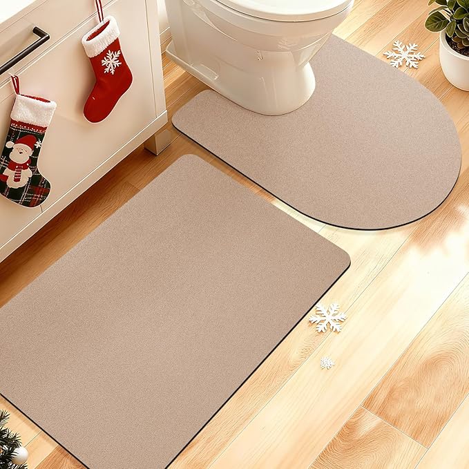 Ultra Thin Bath Mat, Upgrade Backing Non Slip Thin Bath Mats Fit Under Door, Quick Dry Ultra Absorbent Bathroom Rugs, Machine Washable Bath Rugs for Bathroom, Bathtub & Kitchen, Taupe/Solid/2 Piece