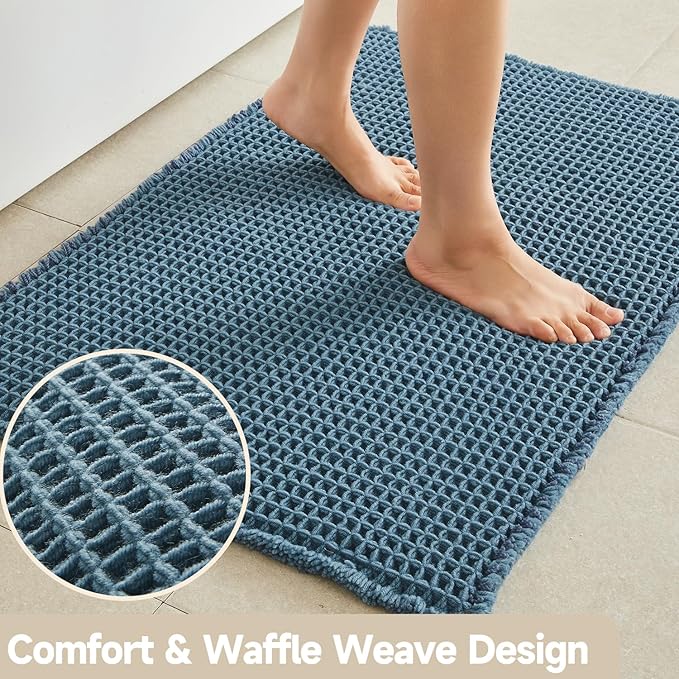 Waffle Bath Mat, Boho Bathroom Rugs Non Slip Washable Super Absorbent Quick Dry Bath Mat Farmhouse Bathroom Decor, 24"x16" Denim Blue