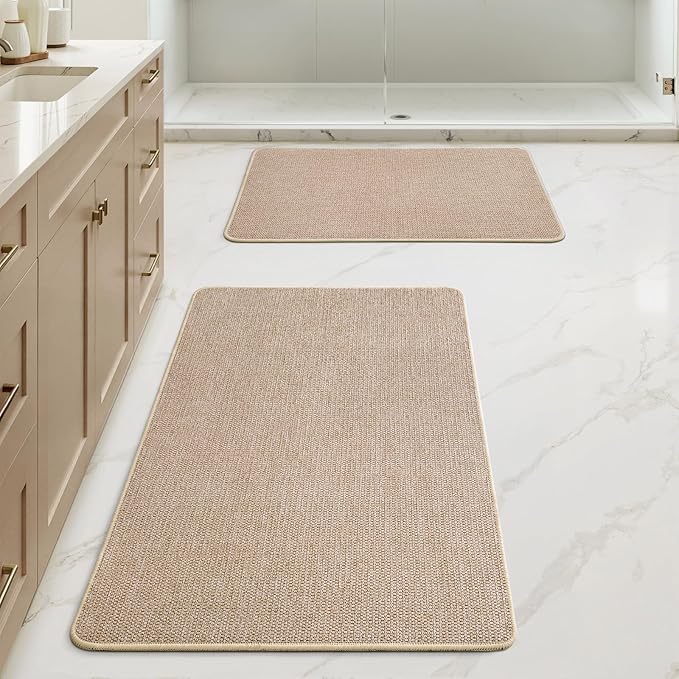 MIULEE Set of 2 Ultra Thin Bathroom Rugs, Rubber Bath Mats for Bathroom Non Slip, Quick Dry Absorbent Bath Rug Machine Washable, Fit Under Door, Shower, Sink, Home Decor, Beige, 17"x27"+20"x32"