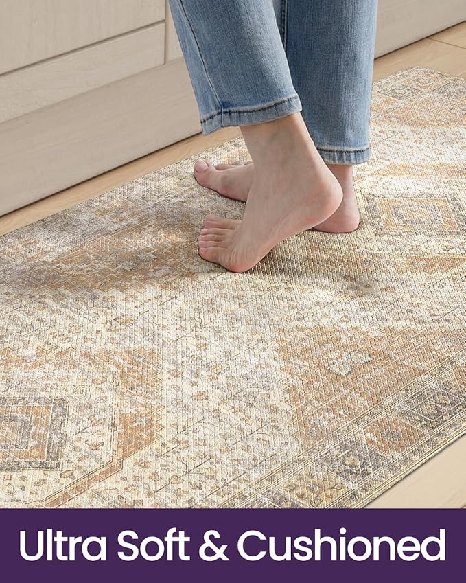 DEXI Kitchen Floor Mats Anti Fatigue, 23x59 Large Cushioned Vintage Runner Rug Waterproof, Standing Comfort Memory Foam Padded for Front Sink Laundry Office, Beige and Light Orange