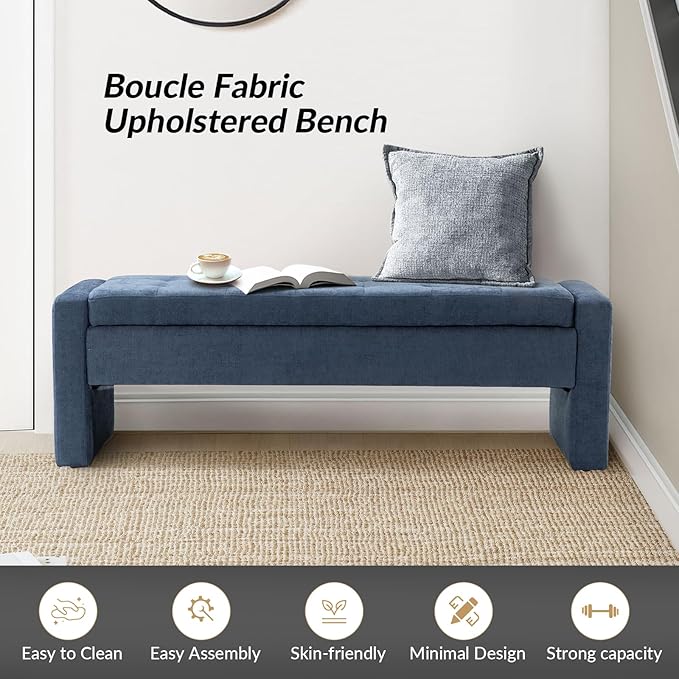 55" Modern Upholstered Storage Bench with Tufted Seat, Fabric Ottoman Bench for Bedroom, Entryway, or Living Room, Soft Close Hinge,Navy