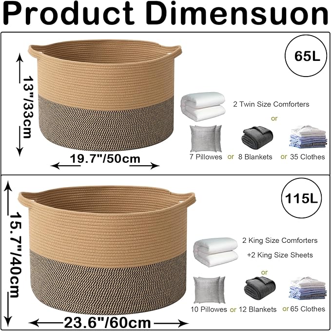 Large Storage Basket with Handle,23.6" x 23.6" x 15.7" Blanket Basket Storage Bins for Organizing,65L Cotton Rope Woven Baskets for Living Room, Nursery,Bedroom,Jute&Black