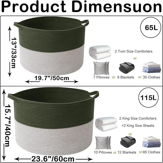 Large Storage Basket with Handle,19.7" L x 19.7" W x 13" H Blanket Basket Storage Bins for Organizing,65L Cotton Rope Woven Baskets for Living Room, Nursery ,Bedroom,Green&White