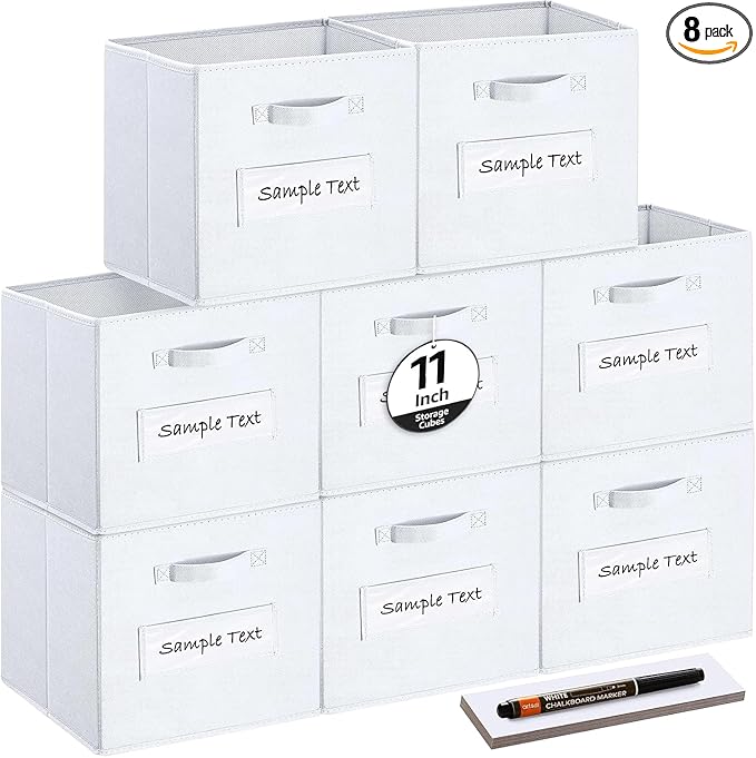 artsdi Fabric storage cubes (Set of 8) 11 Inch Cube Storage Bin, Cube storage with 8 Labels Window Cards & a Pen, Foldable cube Organizer bins,11x11 Storage bin, Cubby Organizer Boxes, White