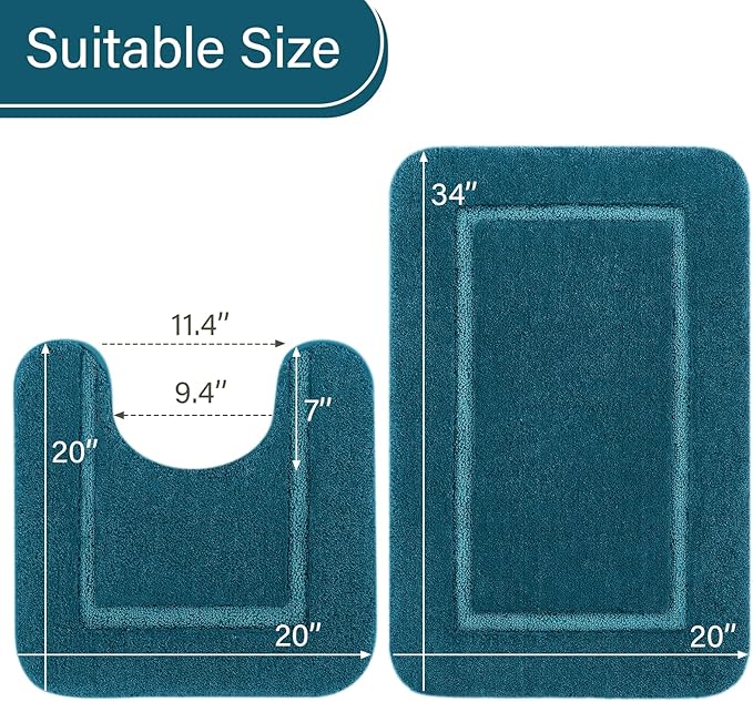 LOCHAS Bathroom Rug Set Peacock Blue, Soft Bath Rug Set 2 Piece Set, Toilet Mat U-Shaped 20x20 and 34x20 Bath Rugs, Quickly Dry Mats for Bathroom, Tub, Washable, Super Absorbent Floor Mat