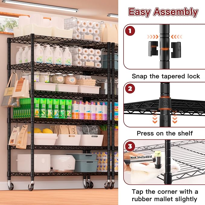 PrimeZone 6 Tier Wire Shelving with Wheels 78''H 1500lbs Storage Shelves NSF Certified Heavy Duty Steel Metal Shelf Adjustable Rolling Rack Kitchen Garage Closet Pantry Laundry 78''HX36''WX18''D 2Pcs